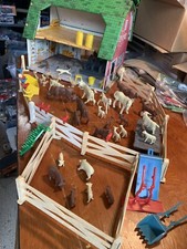 Vintage Toy Tin Barn Happy Times, With Fence, Animals And Farm Accessories