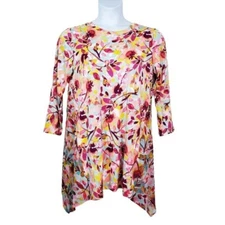 LOGO by Lori Goldstein 3/4 Sleeve Pink Floral Print Mixed Media Top Size M