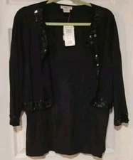 Notations V Neck Top New with Tags Size 1X Black Sequins Cardigan 2 piece