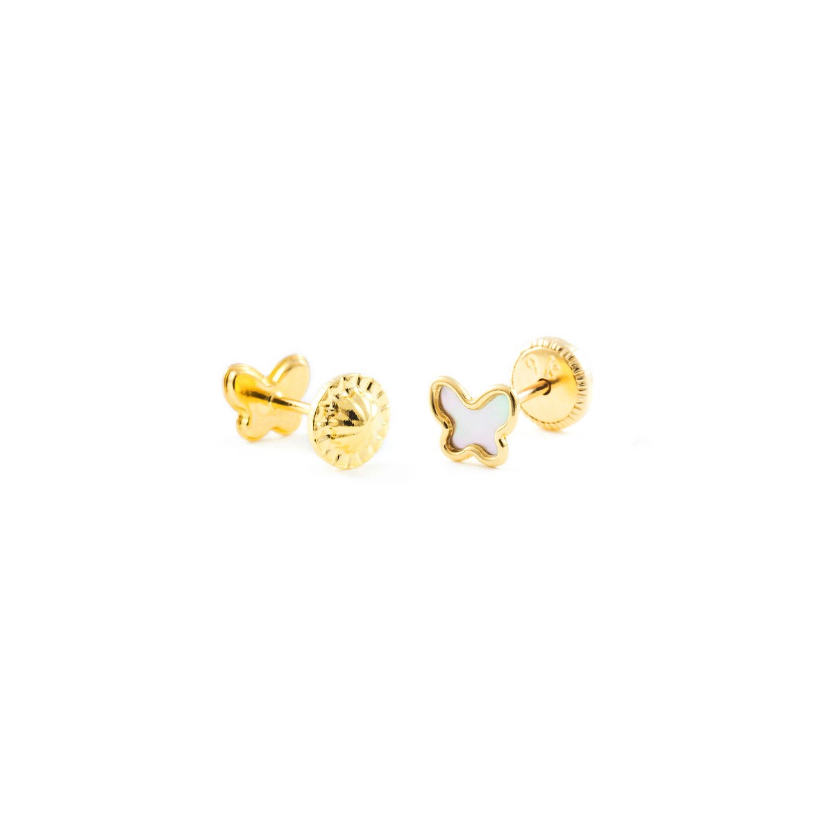 Orecchini Bambina Oro Giallo 9k (375) Con Farfalle E Fiori In Madreperla, In Scatola Regalo Con Certificato