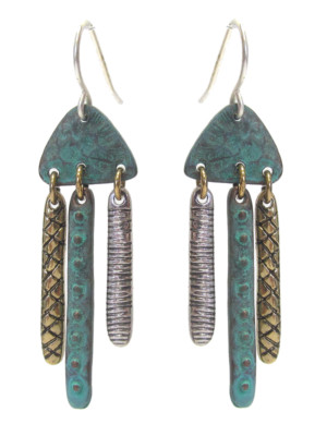 Dangle Bar Earrings Tri Tone Patina Textured 3 Bars Triangle Pierced Wire Ears