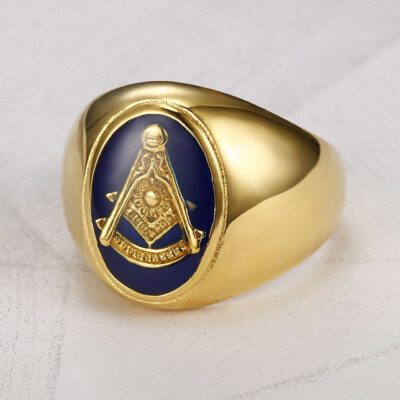Men's Masonic Rings Stainless Steel Blue Enamel Masonic Ring Gothic Biker  Gold
