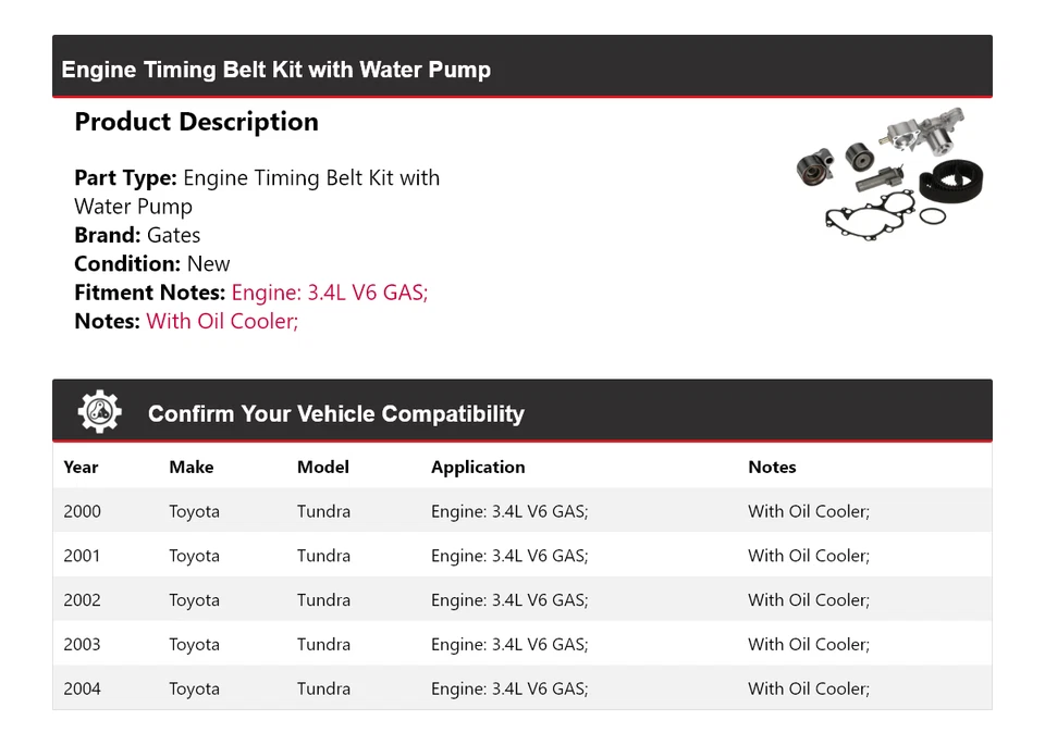 Kit de correa de distribución de motor Toyota Tundra 2000-2004 con puertas de bomba de agua 2001 Foto 2 de 3