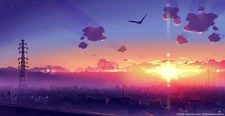 Anime building city sunset sky skyline power lines CCG Gaming Mat Desk