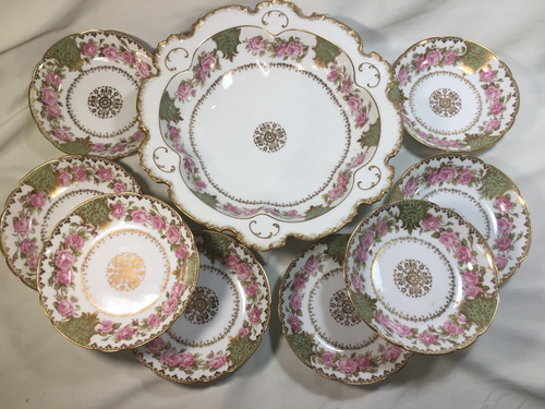 (9 Pieces) Vintage GDA Ch Field Haviland France DESSERT BOWL SET w/Roses - Picture 2 of 12