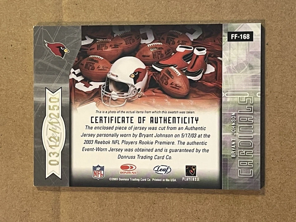 2003 LEAF CERTIFIES MATERIALS - FRESHMAN FABRIC - BRYANT JOHNSON JERSEY /1250 - Image 2 of 2