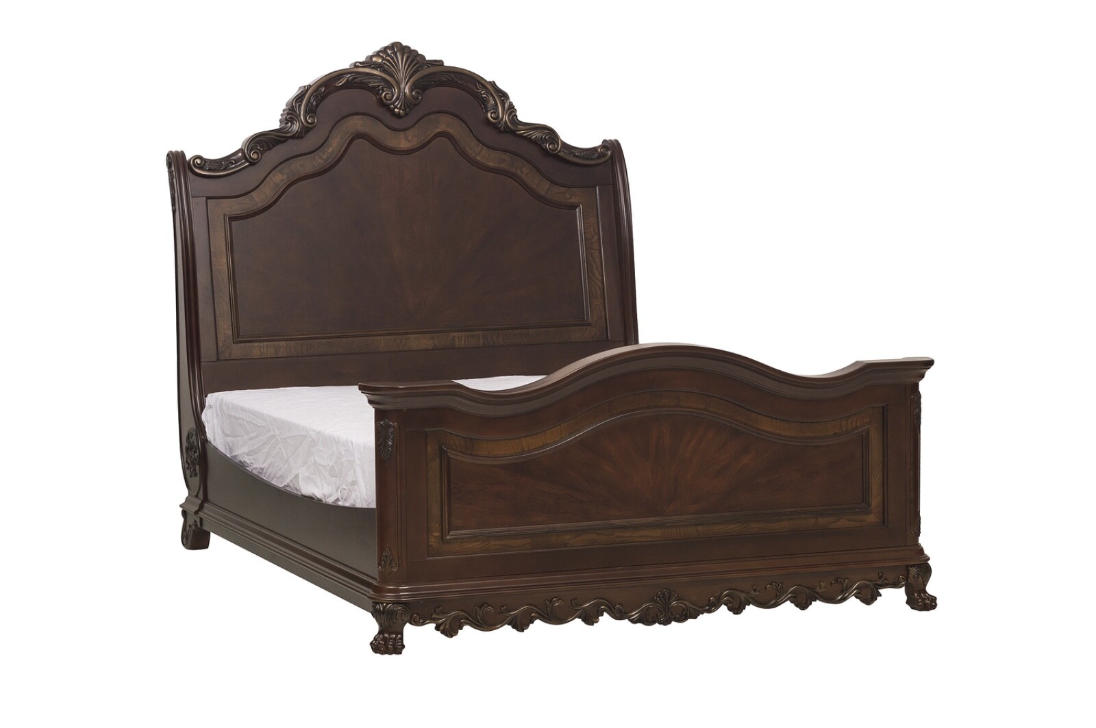 BEAUTIFUL 4 PC BURL INLAY QUEEN SLEIGH BED NS DRESSER MIRROR FURNITURE SET