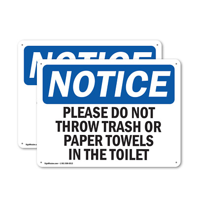 (2 Pack) Please Do Not Throw Trash Or Paper Towels OSHA Notice Sign Decal Metal