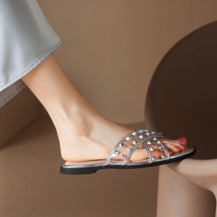 PANTOFOLA D’ORO Scarpe sandali ciabatte da spiaggia incrociate borchie trasparenti donna moda mules b95