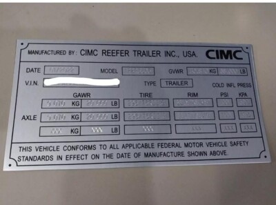 Aluminum Data Plate Fit For CIMC Truck Trailer Engraved