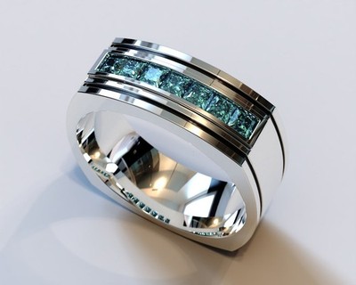 Men's Blue Moissanite Engagement Ring Princess Cut 925 Sterling Silver Mens Ring
