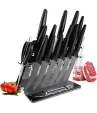 17PC Kitchen Knife Set Gray Speckled Stainless Steel Lightweight w/ Acrylic Bloc