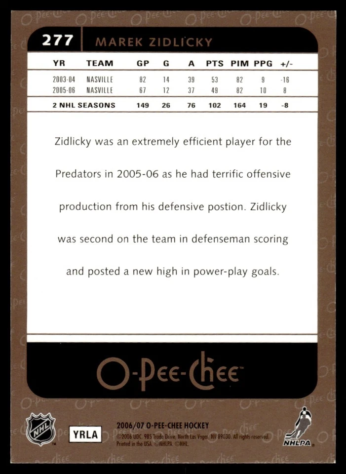 2006-07 O-Pee-Chee Rainbow Marek Zidlicky 043/100 Nashville Predators #277 - Image 2 of 2