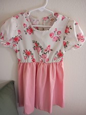Girls Floral Fit Flare Dress White/Pink Short Puff Sleeve Zip Size 110