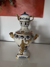 Gzhel Porzellan Samowar, Handgemalt, Blau/ Gold UdSSR, H 27 Cm