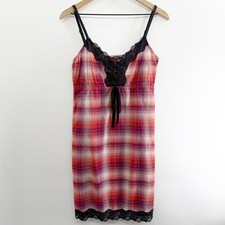 Vintage Y2K Hurley Babydoll Mini Slip Dress in Plaid Black Lace Size S