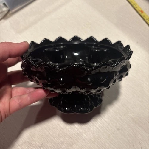 VTG Fenton Glass 6 Hole Candle Holder Footed Bowl Black Hobnail & Sawtooth