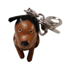 Handmade Leather Dog Keychain With Adorable Sitting Pose Metal Ring Clip J8
