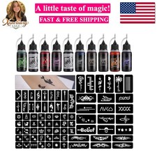 Temporary Tattoo Kit 10 Bottles Color Inks, 84 Pcs Stencils Kit for Body Pain...
