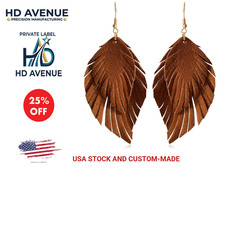 Bohemian Leather Fringe Feather Dangle Earrin...