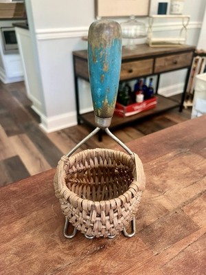 Vintage Farmhouse Primitive Kitchen Blue Handle Potato Masher Woven In Basket