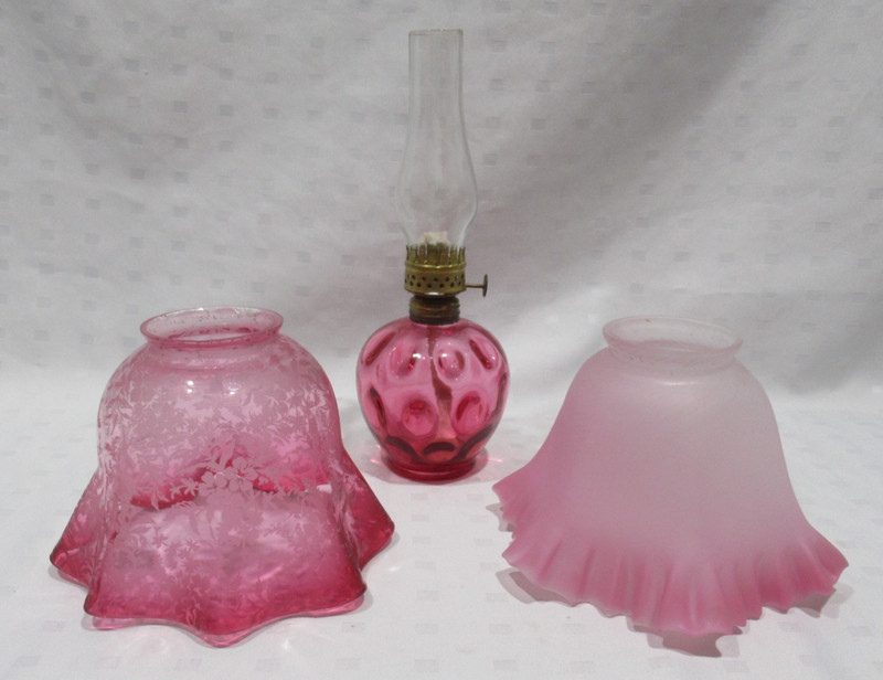2 Cranberry Glass Lamp Shades with 2 1/4" Fitter & mini hurricane Lamp w/Chimney