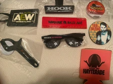Pro Wrestling/AEW Crate Lot Pizza Cutter Ruler Coozy Glasses Mirror Headphones