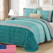 Cottolester Teal Quilt Set King Size Striped Plaid Bedspread Blue Boho Bedding M