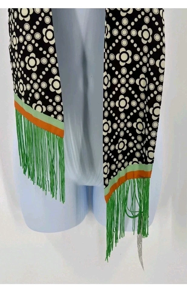 NEW Urban Outfitters Retro Look Scarf in Black Geo Print Rust Strip Green Fringe - Image 3 of 4