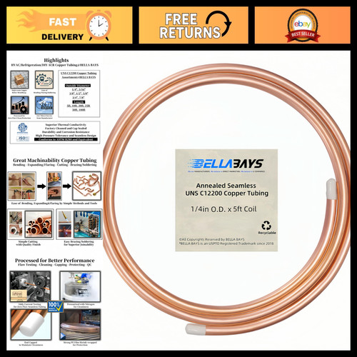 1/4" OD Copper Tubing 5 ft - Seamless Soft Coil for HVAC, Refrigeration, DIY Pro