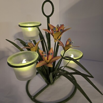 Metal Art Orange Leafy Tiger Lily Flowers Trio Tea Light  Stand  Home Decor  