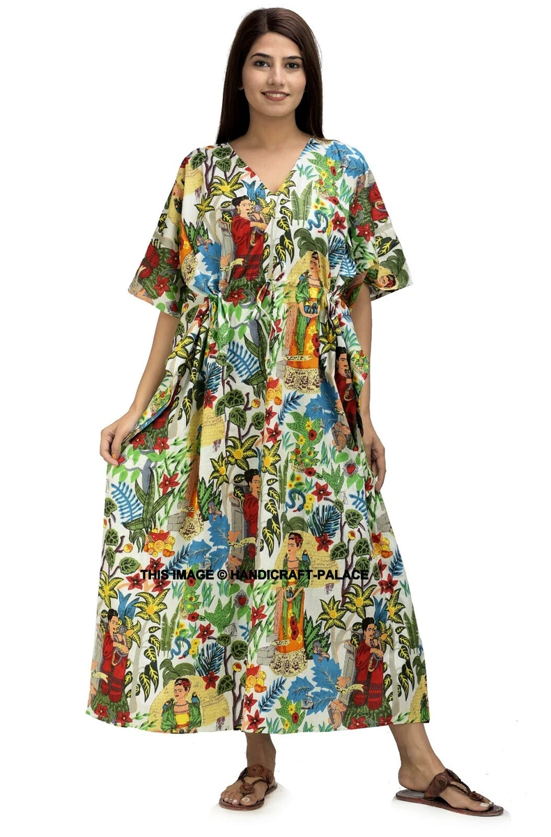 Indian Long Gown Kimono Plus Size Maxi Dress White Floral Cotton Kaftan eBay