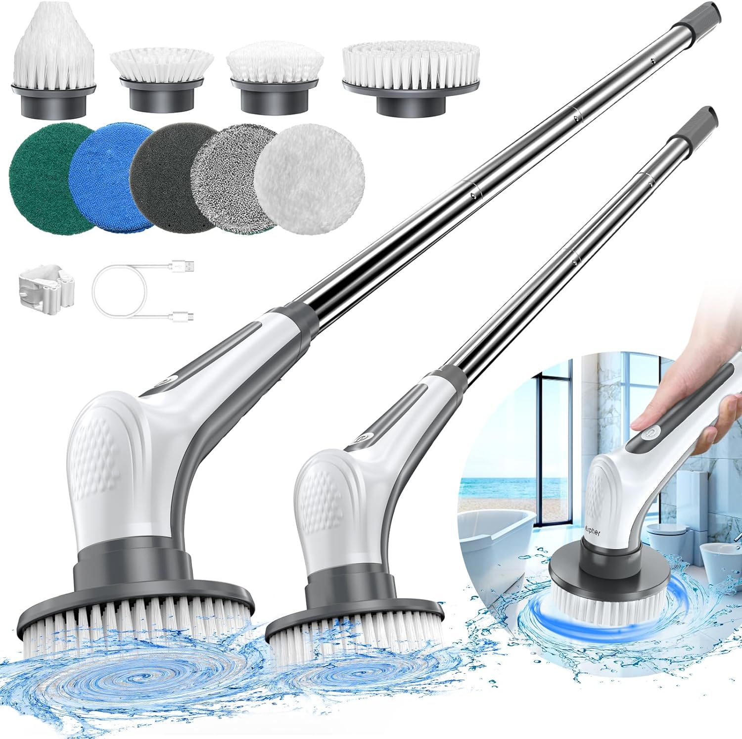 Electric Spin Scrubber, 10 in 1  Cordless Cleaning Brush IPX8 with 9 Replaceable