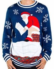 TIPSY ELVES Men's 'LOG ON THE FIRE' SANTA'S UGLY Blue CHRISTMAS SWEATER  - S
