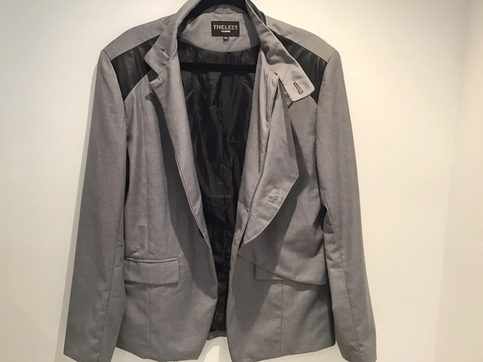 THELEES MENS CASUAL Blazer Jacket gray & Black Faux Leather Trim Sz XXL NWOT