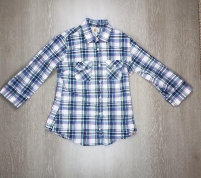 Carhartt Button Up Shirt Womens Medium White Gray Pink Ladies 