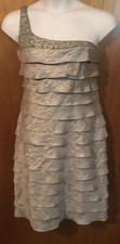 Jessica Howard One Shoulder Gold Tiered Ruffled Party Cocktail Dress Size 12