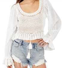 NUEVA CAMISA TOP FREE PEOPLE BLANCA MEGAN CROCHET MANGA ABULLONADA TALLA XS BOHO