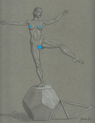 Female nude figure drawing pencil pastel artist Jerome Cadd geometric solids