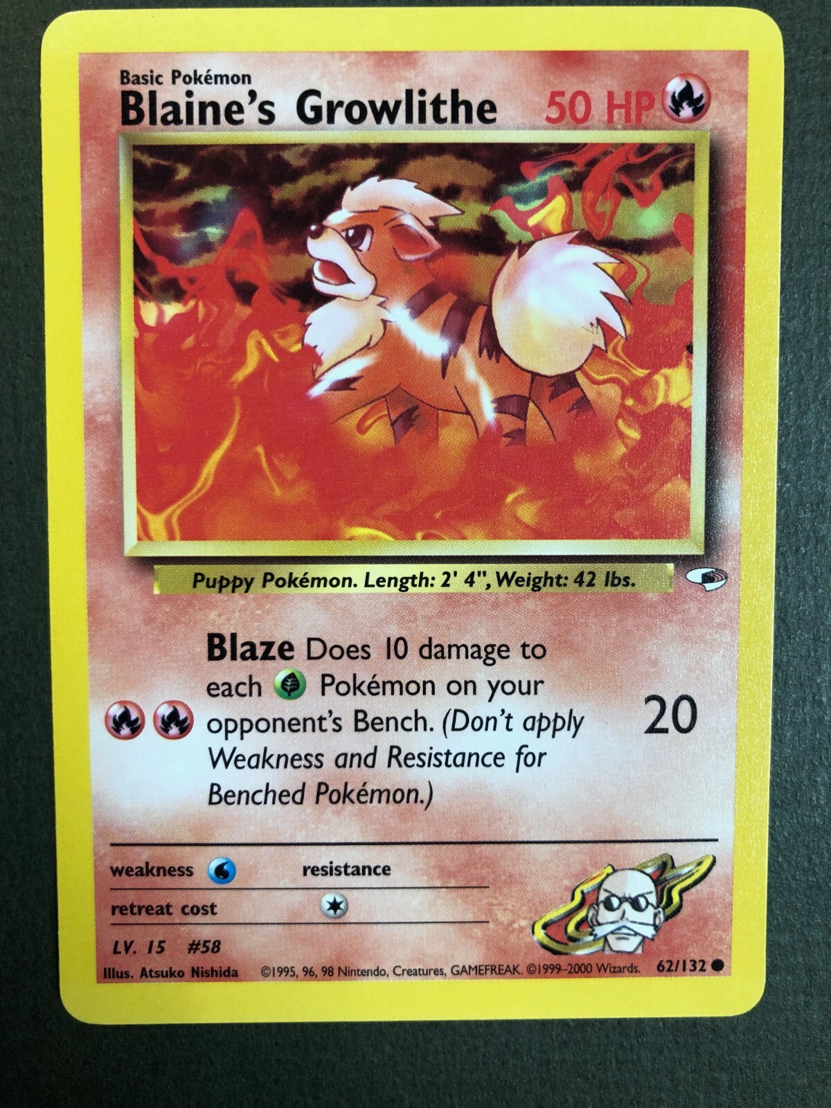 Pokémon - Blaine's Growlithe 62/132 Unlimited Gym Heroes 2000 NM Nice!