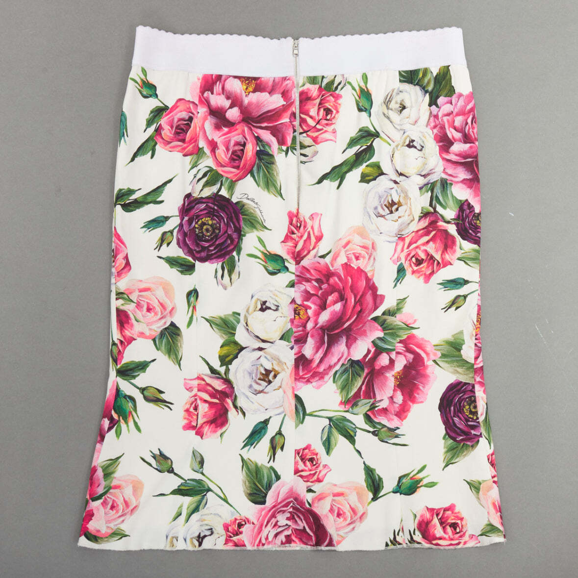 DOLCE GABBANA white red floral print silk lined elastic knee