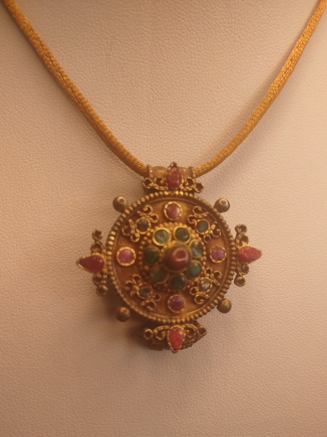 Ruby Emerald Mandala Locket Adjustable Cord Gold … - image 2