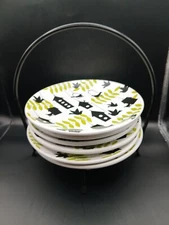 6 Raven Crow Black Birds & House Spring Salad Plates  Signature Brand & Holder 