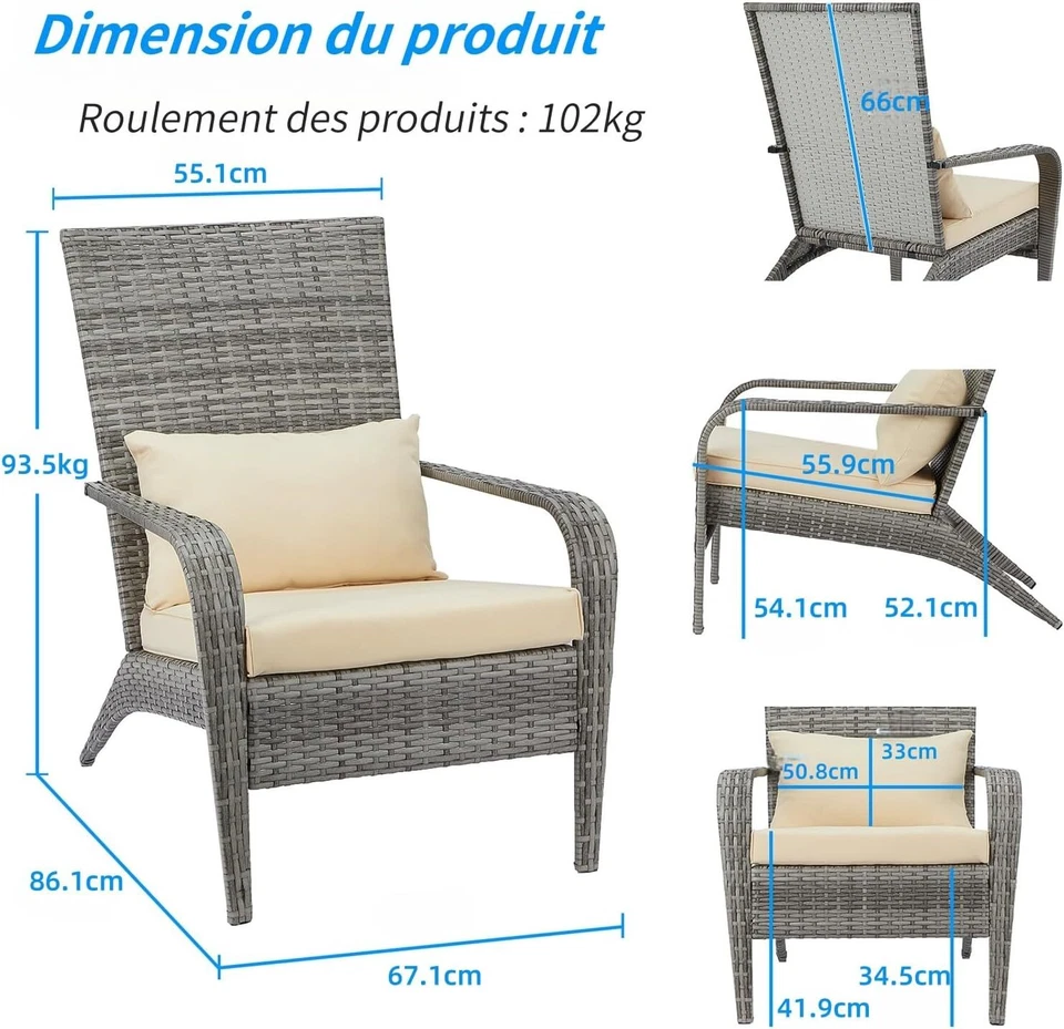 Fauteuil de Jardin Exterieur Adirondack en PE Rotin avec Coussin Détachable - Photo 3/4