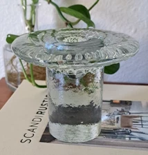 Vintage BLENKO Mushroom Ice Glass Candle Holder Clear Heavy Handcrafted 4" Tall