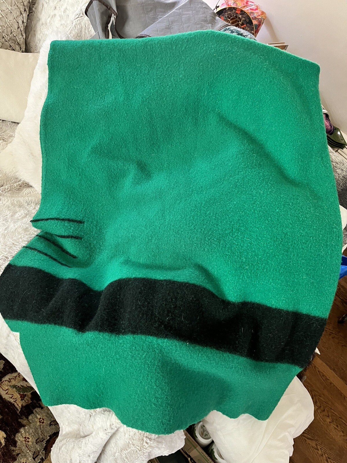 RARE 64” X 82” Vintage HBC Hudson Bay Traditional Green 4 Point Blanket