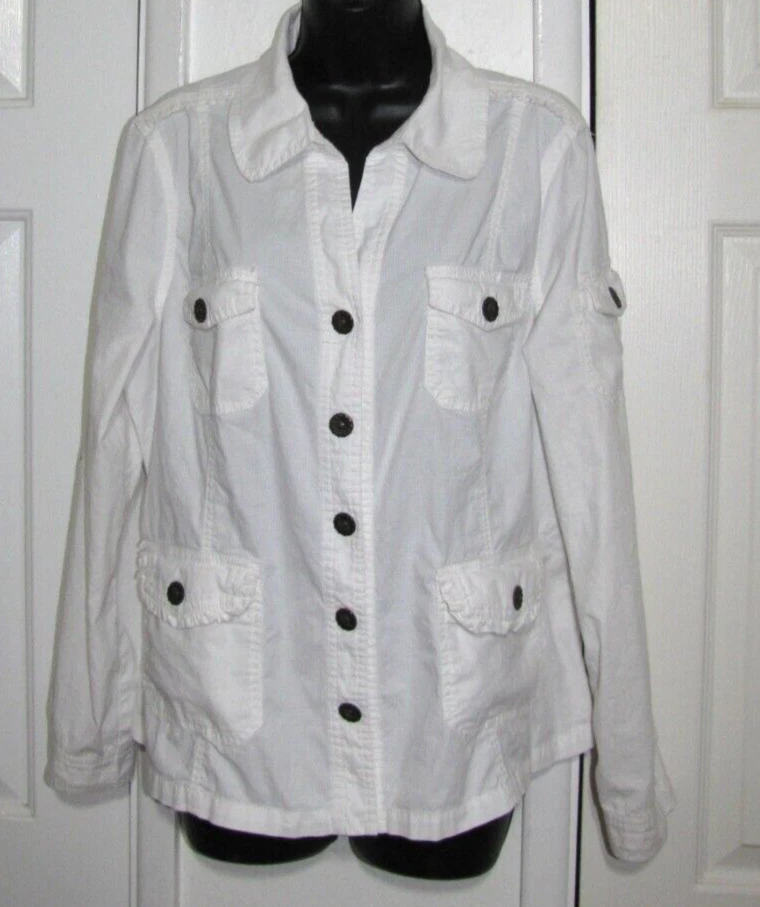 Dressbarn Túnica Chaqueta a Presión Elástica-Algodón Manga con Pestaña Enrollable Volantes Mujeres Blanco L Foto 3 de 4