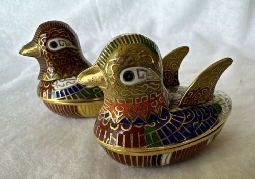 Coppia di scatole portagioie vintage Cloisonné ottone smaltato mandarino anatra uccellino con scatola - Foto 20 di 23