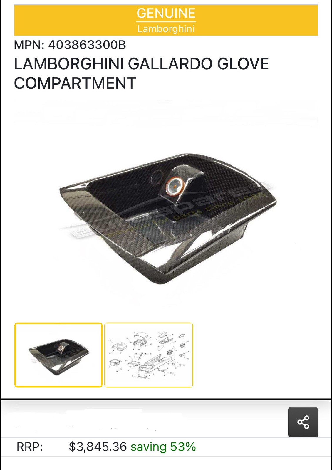 LAMBORGHINI GALLARDO PERFORMANTE SUPERLEGGERA CONSOLE TRAY CARBON OEM 400863300B