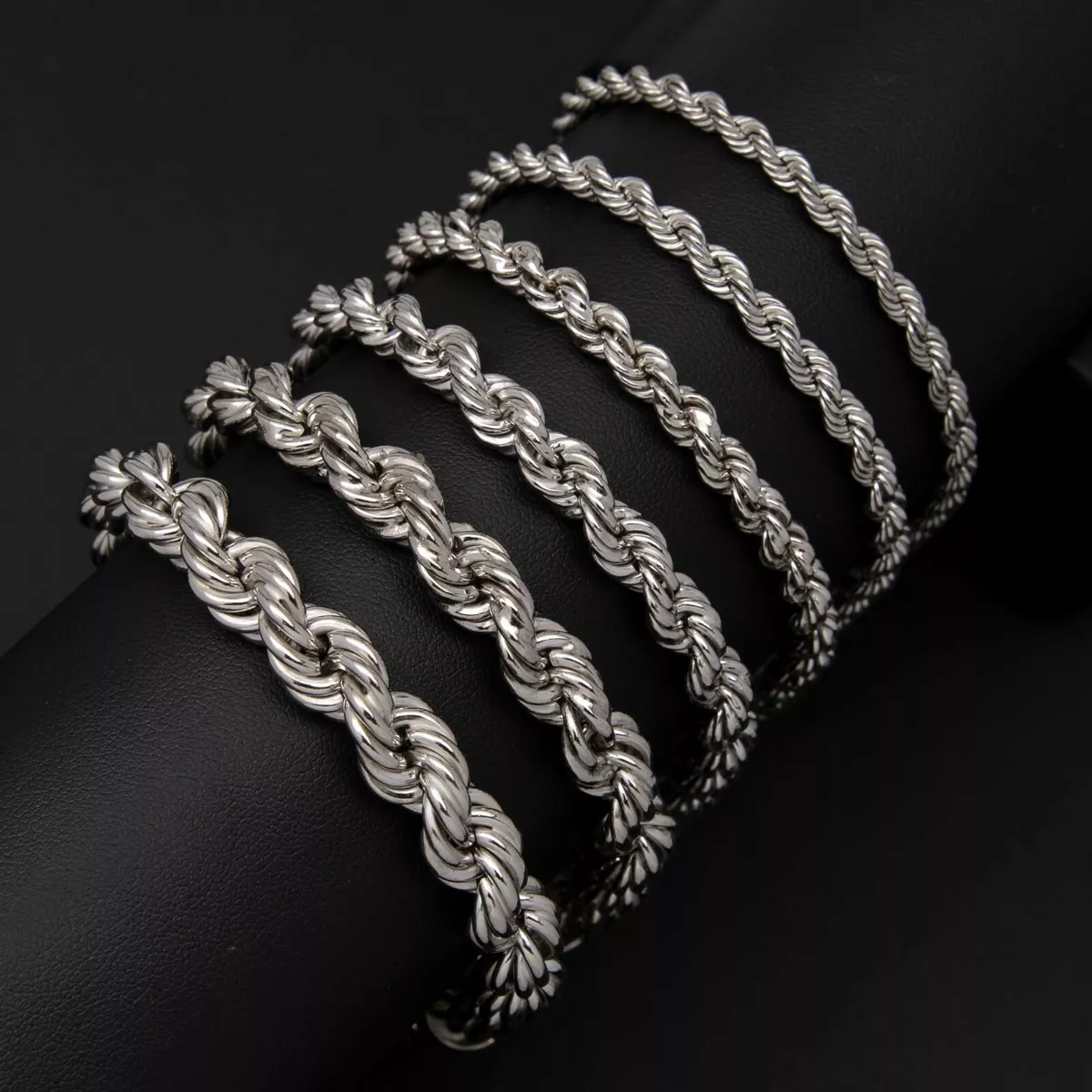 Rhodium Rope Chain Bracelet Hollow Sterling Silver 925 Italy All